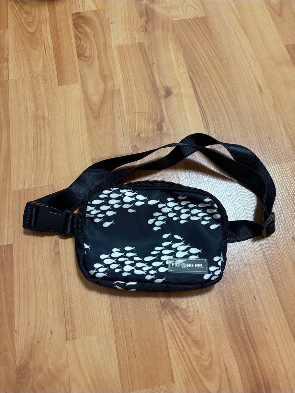 Fighting Eel Black Waist Pack with White Fish Pattern